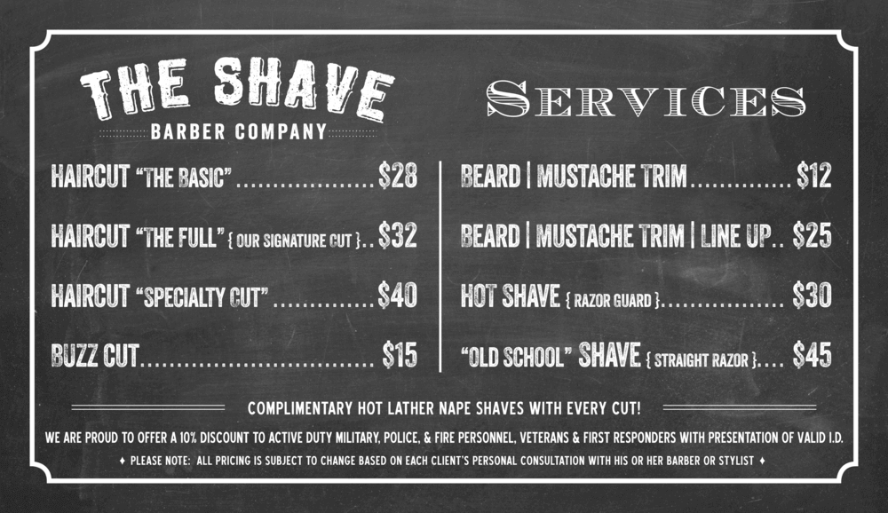 barber services pricing
